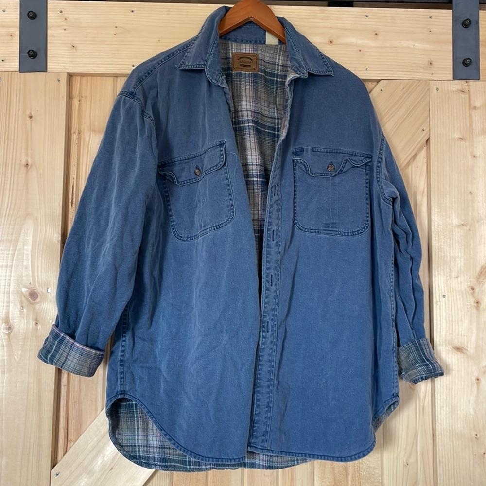 St. John's Bay Blue Denim-Look Button Shirt with Plaid Lining